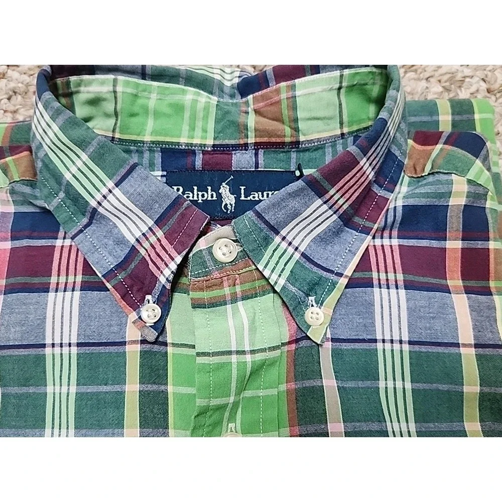 Ralph Lauren Shirt Men L Green Pink Multi Plaid Button Up Classic Fit Short Slee